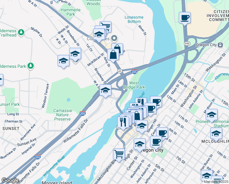map of restaurants, bars, coffee shops, grocery stores, and more near 5030 Broadway Street in West Linn
