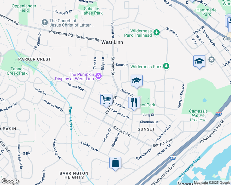 map of restaurants, bars, coffee shops, grocery stores, and more near 4730 Cornwall Street in West Linn