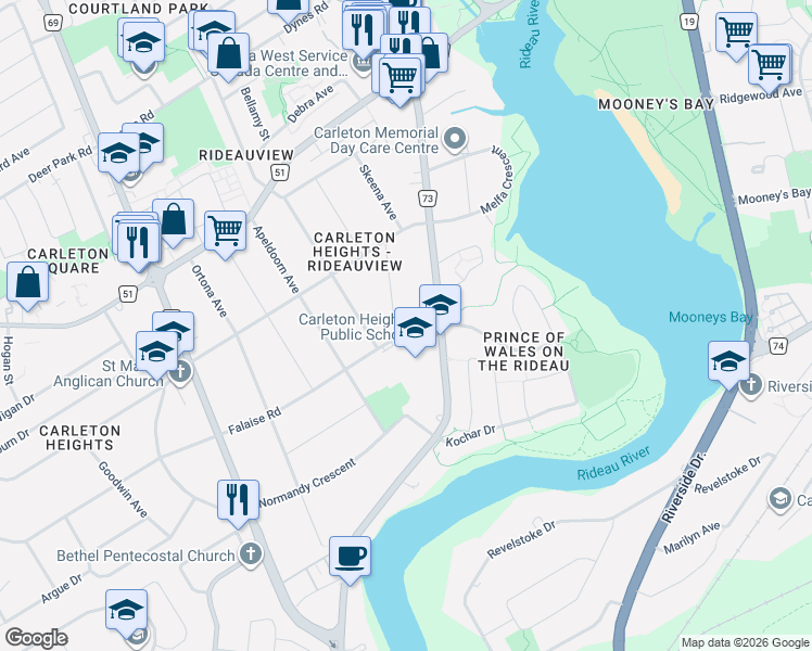 map of restaurants, bars, coffee shops, grocery stores, and more near 1620 Senio Avenue in Ottawa