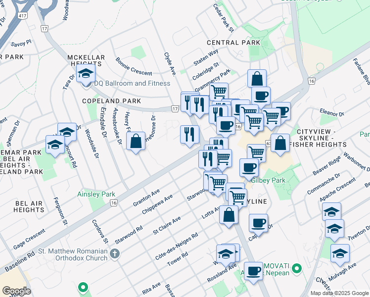 map of restaurants, bars, coffee shops, grocery stores, and more near in Ottawa