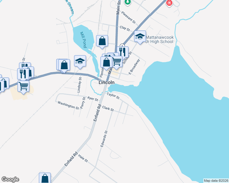 map of restaurants, bars, coffee shops, grocery stores, and more near 4 Mattanawcook Street in Lincoln