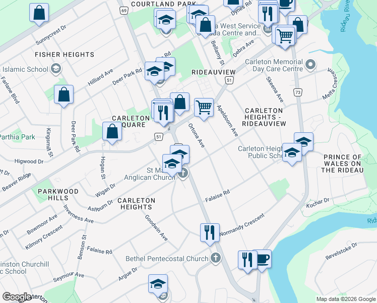 map of restaurants, bars, coffee shops, grocery stores, and more near 1563 Fisher Avenue in Ottawa