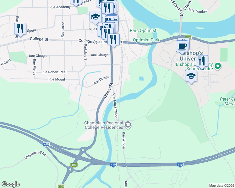 map of restaurants, bars, coffee shops, grocery stores, and more near 5 Rue Massawippi in Sherbrooke