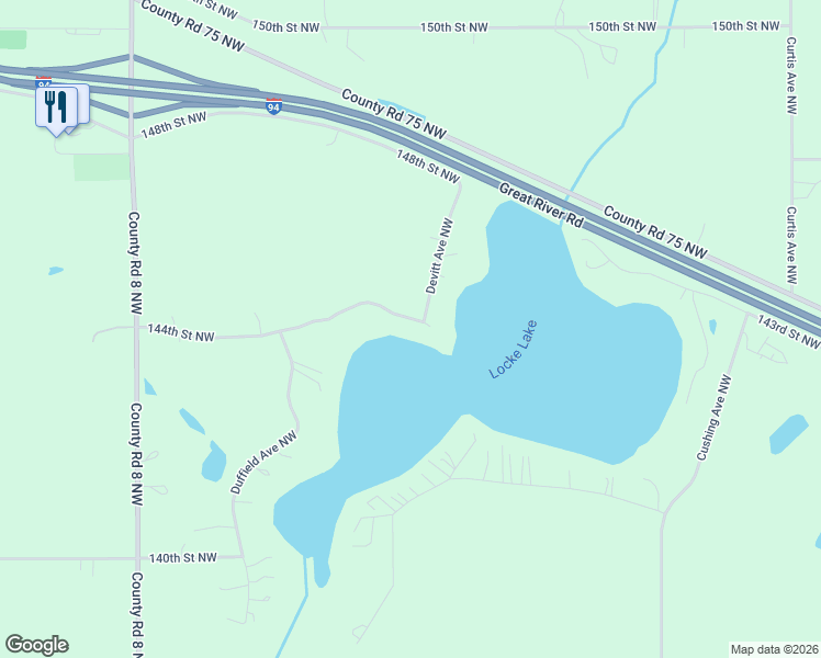 map of restaurants, bars, coffee shops, grocery stores, and more near 3489 144th Street Northwest in Monticello