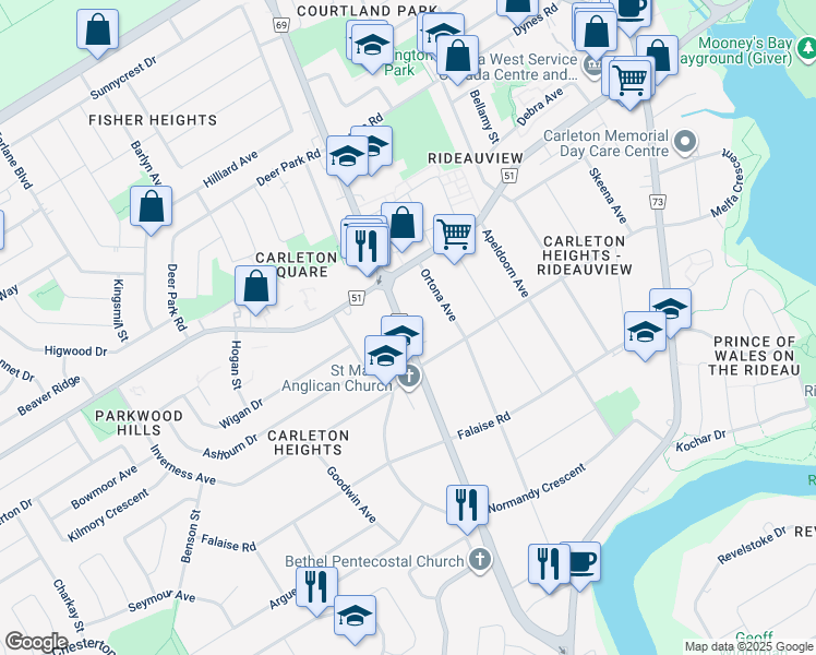 map of restaurants, bars, coffee shops, grocery stores, and more near 1563 Fisher Avenue in Ottawa