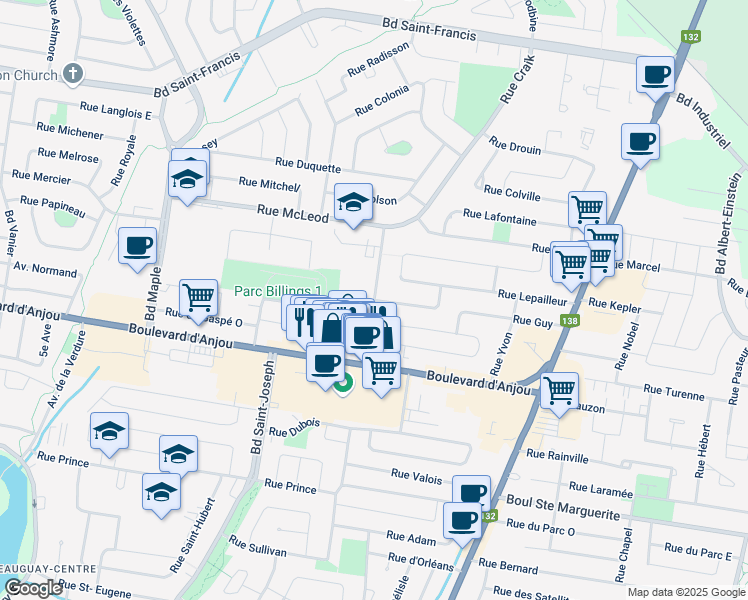 map of restaurants, bars, coffee shops, grocery stores, and more near Rue Bell in Châteauguay