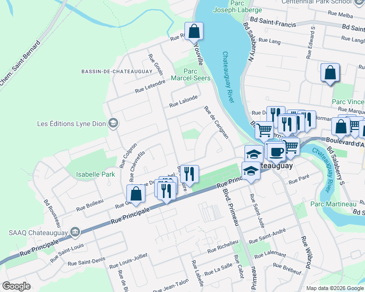 map of restaurants, bars, coffee shops, grocery stores, and more near 92 Rue Giroux in Châteauguay