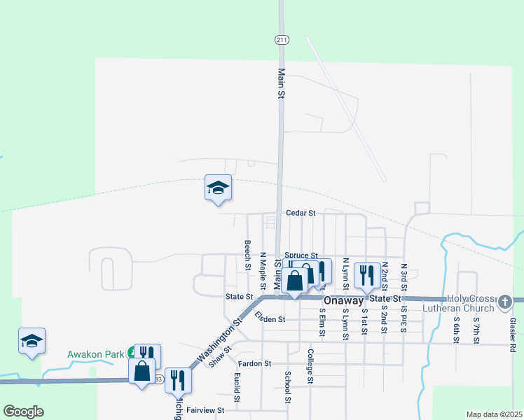 map of restaurants, bars, coffee shops, grocery stores, and more near 20758 West Cedar Street in Onaway