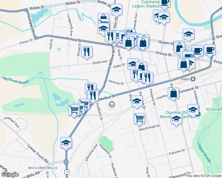 map of restaurants, bars, coffee shops, grocery stores, and more near 43 Arthur Street in Truro