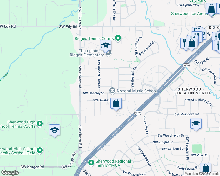 map of restaurants, bars, coffee shops, grocery stores, and more near 18054 Southwest Cereghino Lane in Sherwood