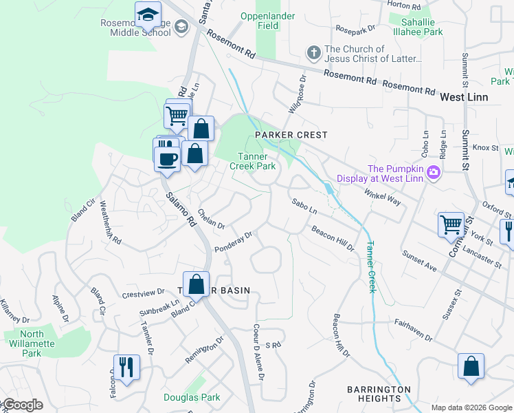 map of restaurants, bars, coffee shops, grocery stores, and more near 3444 Chelan Drive in West Linn
