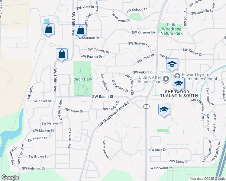 map of restaurants, bars, coffee shops, grocery stores, and more near 21781 Southwest Chehalis Court in Tualatin