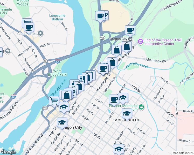 map of restaurants, bars, coffee shops, grocery stores, and more near 220 14th Street in Oregon City