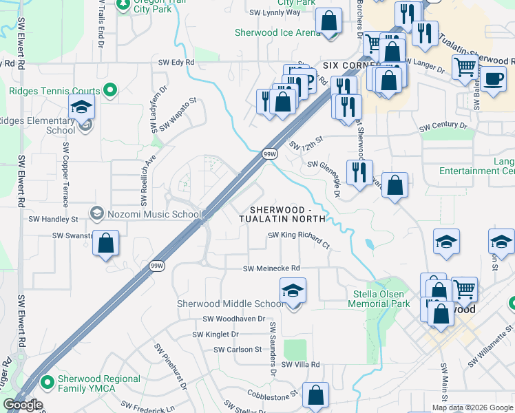 map of restaurants, bars, coffee shops, grocery stores, and more near 21856 Southwest Vintner Lane in Sherwood