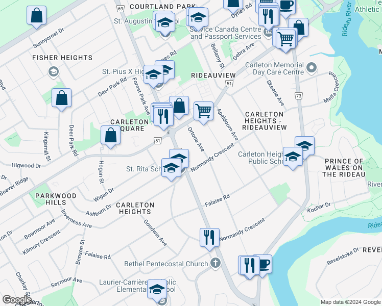 map of restaurants, bars, coffee shops, grocery stores, and more near 1563 Fisher Avenue in Ottawa