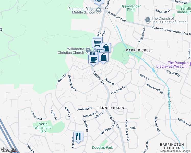 map of restaurants, bars, coffee shops, grocery stores, and more near 22225 Salamo Road in West Linn