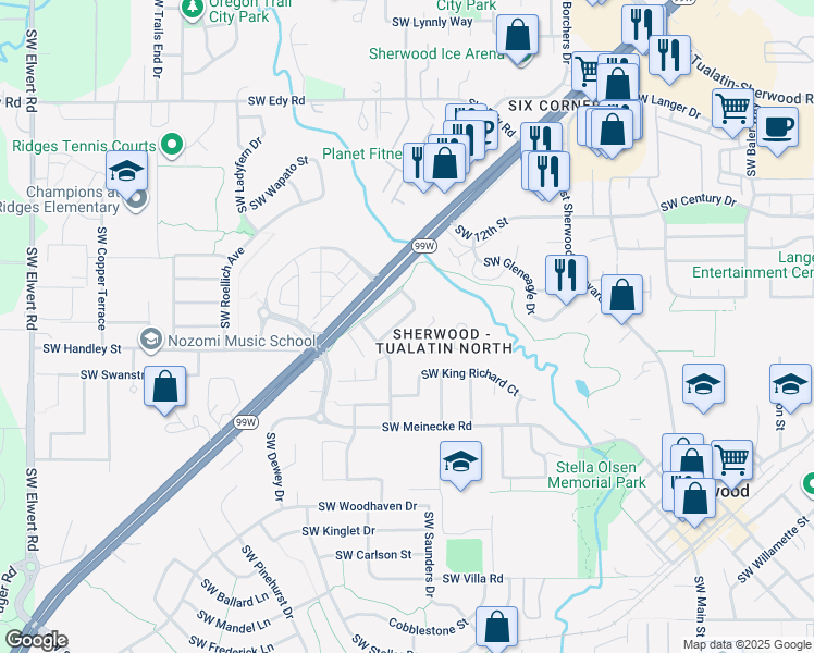 map of restaurants, bars, coffee shops, grocery stores, and more near 21856 Southwest Vintner Lane in Sherwood