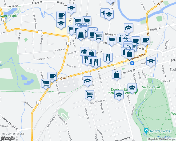 map of restaurants, bars, coffee shops, grocery stores, and more near 96 Dominion Street in Truro