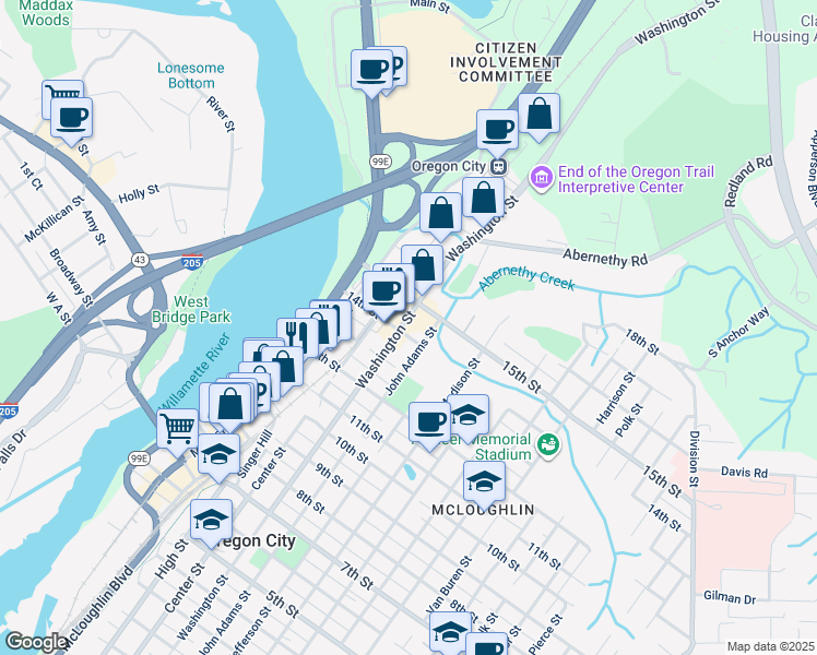 map of restaurants, bars, coffee shops, grocery stores, and more near 1414 Washington Street in Oregon City