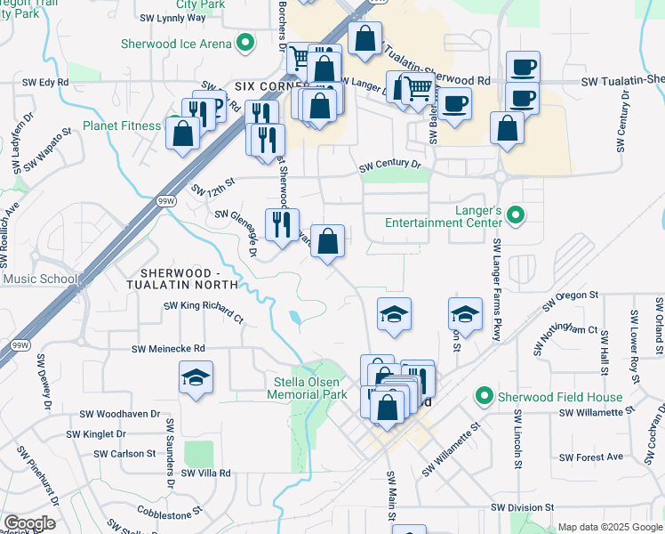 map of restaurants, bars, coffee shops, grocery stores, and more near 21887 Southwest Sherwood Boulevard in Sherwood