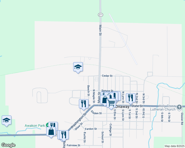 map of restaurants, bars, coffee shops, grocery stores, and more near 20758-20790 West Cedar Street in Onaway