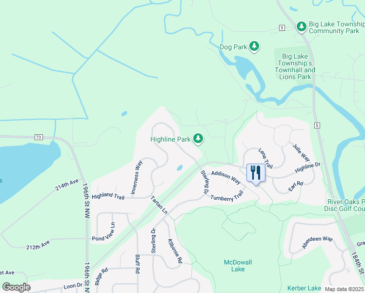 map of restaurants, bars, coffee shops, grocery stores, and more near 5385 Highland Trail in Big Lake