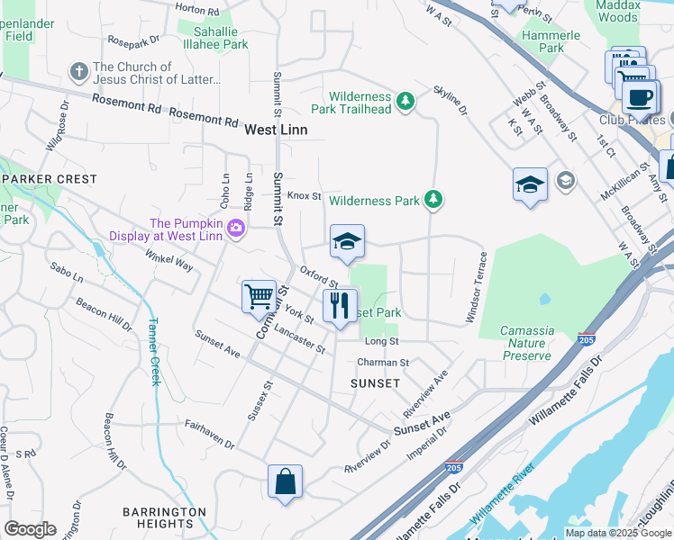 map of restaurants, bars, coffee shops, grocery stores, and more near 2351 Oxford Street in West Linn