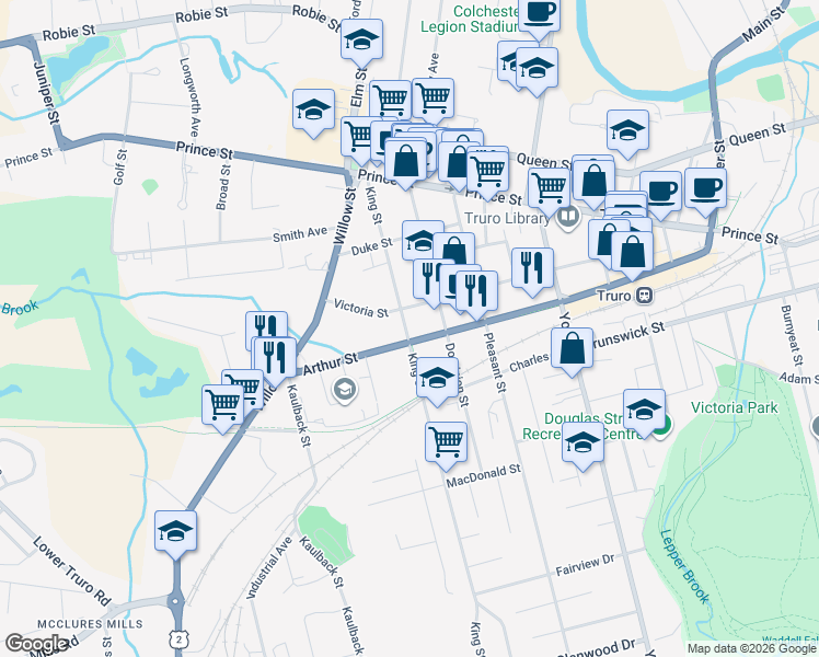 map of restaurants, bars, coffee shops, grocery stores, and more near 105 King Street in Truro
