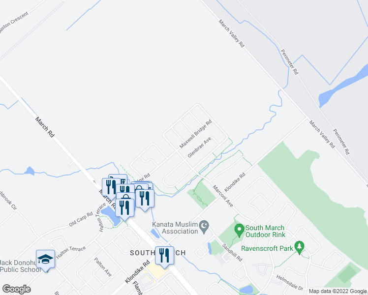 map of restaurants, bars, coffee shops, grocery stores, and more near 268 Maxwell Bridge Road in Ottawa