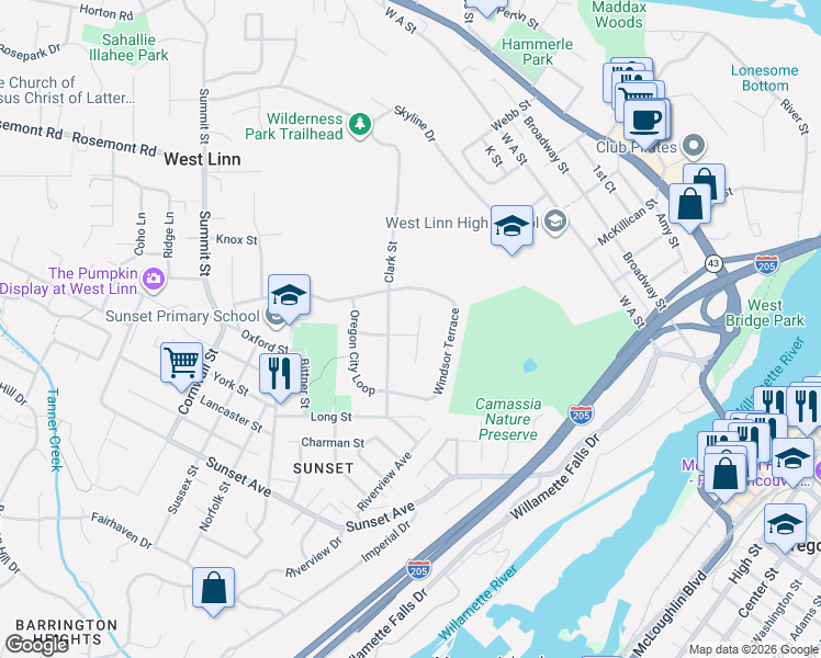 map of restaurants, bars, coffee shops, grocery stores, and more near 5275 Crown Street in West Linn