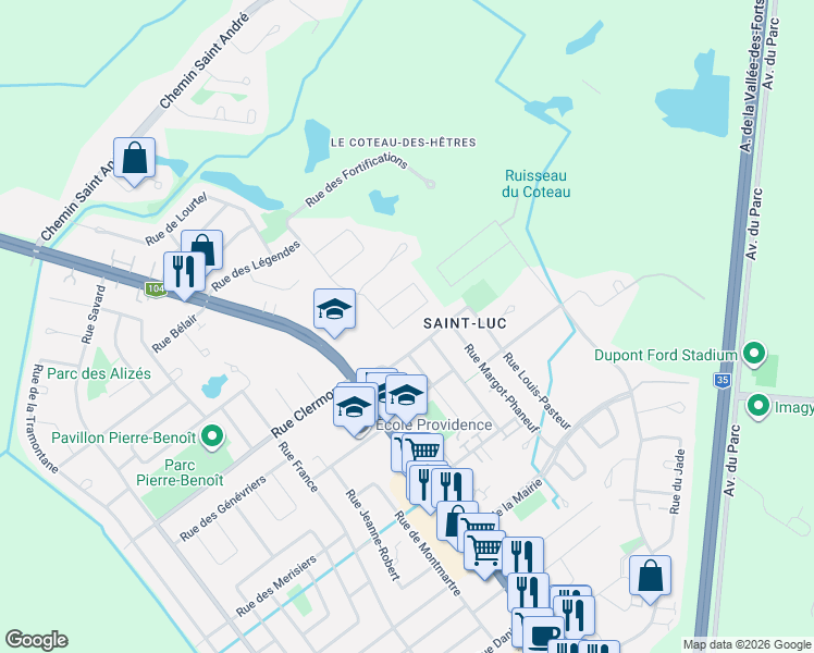 map of restaurants, bars, coffee shops, grocery stores, and more near Rue des Fortifications in Saint-Jean-sur-Richelieu