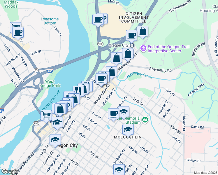 map of restaurants, bars, coffee shops, grocery stores, and more near 1414 Washington Street in Oregon City