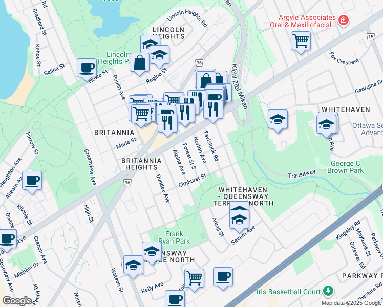 map of restaurants, bars, coffee shops, grocery stores, and more near 827 Forest Street South in Ottawa
