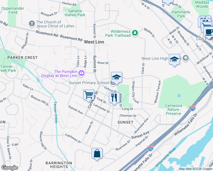 map of restaurants, bars, coffee shops, grocery stores, and more near 2625 Oxford Street in West Linn
