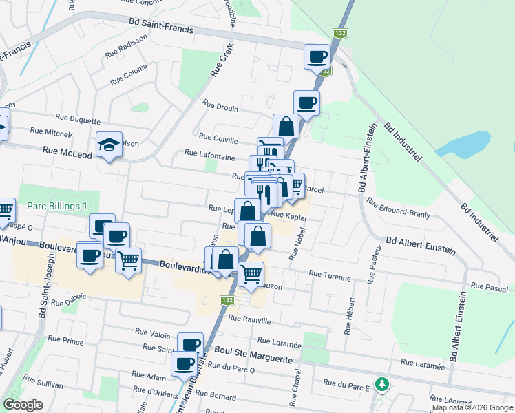 map of restaurants, bars, coffee shops, grocery stores, and more near 85B Boulevard Saint-Jean-Baptiste in Châteauguay