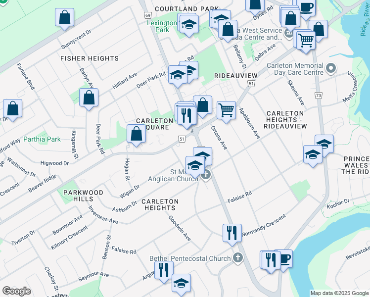 map of restaurants, bars, coffee shops, grocery stores, and more near 1130 B Meadowlands Drive East in Ottawa