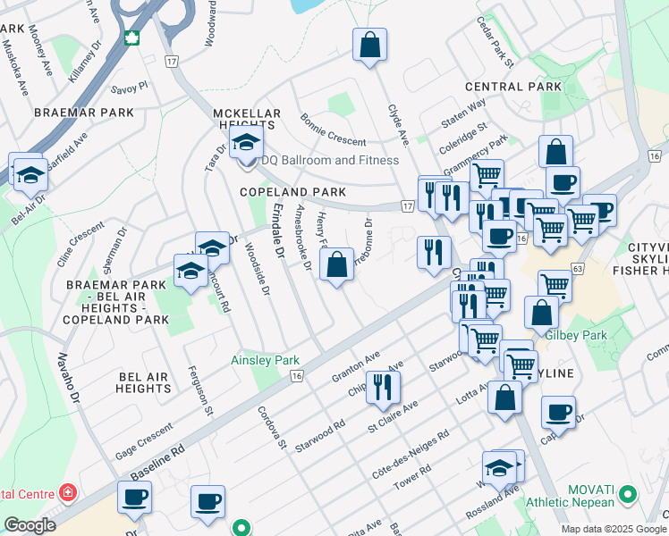 map of restaurants, bars, coffee shops, grocery stores, and more near 1363 Henry Farm Drive in Ottawa