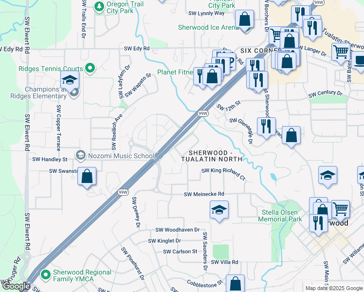 map of restaurants, bars, coffee shops, grocery stores, and more near 21820 Southwest Alexander Lane in Sherwood