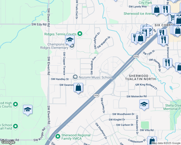 map of restaurants, bars, coffee shops, grocery stores, and more near 17831 SW Cereghino Ln in Sherwood