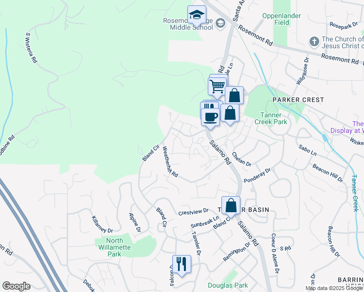 map of restaurants, bars, coffee shops, grocery stores, and more near 63 West Bluff Court in West Linn