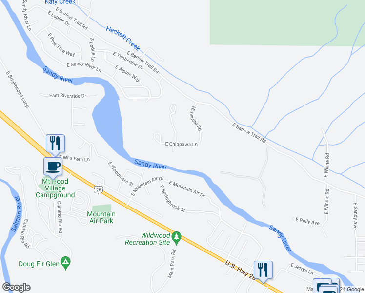 map of restaurants, bars, coffee shops, grocery stores, and more near 65977 East Chippawa Lane in Rhododendron