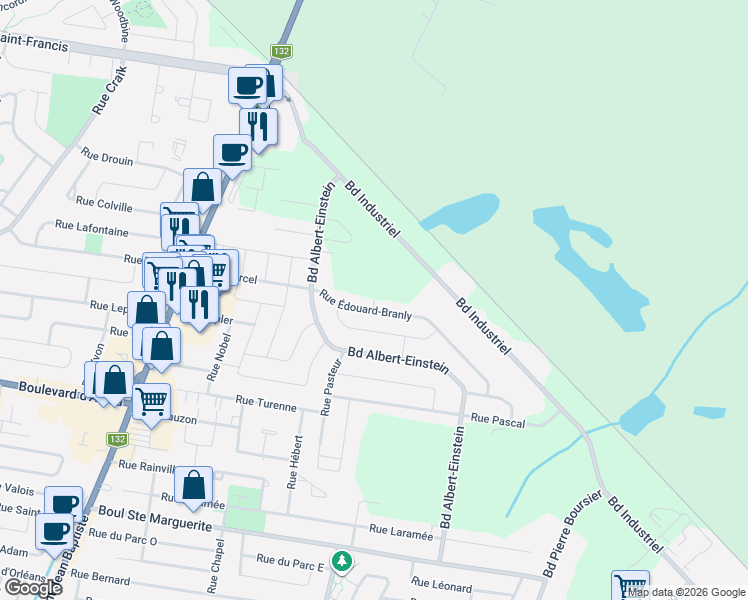map of restaurants, bars, coffee shops, grocery stores, and more near Rue Charles Cros in Châteauguay