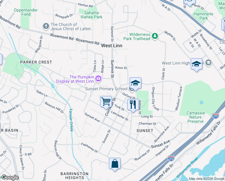 map of restaurants, bars, coffee shops, grocery stores, and more near 2780 Oxford Street in West Linn