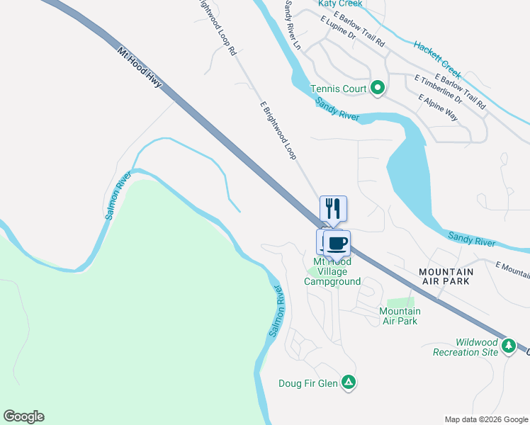 map of restaurants, bars, coffee shops, grocery stores, and more near 64622 East Brightwood Loop Road in Mount Hood Village