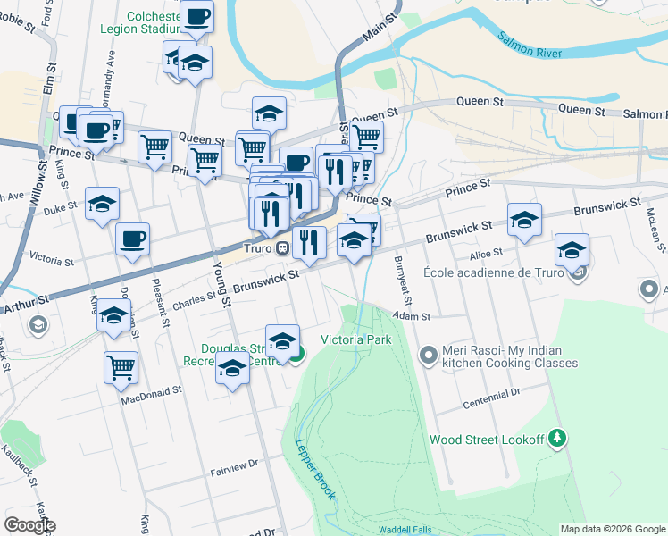 map of restaurants, bars, coffee shops, grocery stores, and more near 90 Brunswick Street in Truro