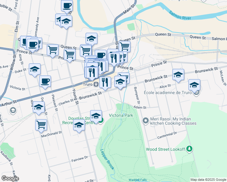 map of restaurants, bars, coffee shops, grocery stores, and more near 90 Brunswick Street in Truro