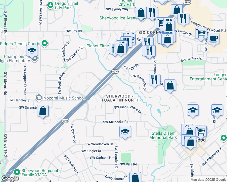 map of restaurants, bars, coffee shops, grocery stores, and more near 21812 Southwest Vintner Lane in Sherwood