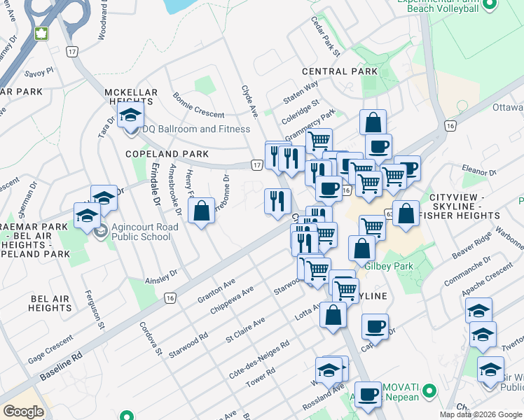 map of restaurants, bars, coffee shops, grocery stores, and more near 1485 Baseline Road in Ottawa
