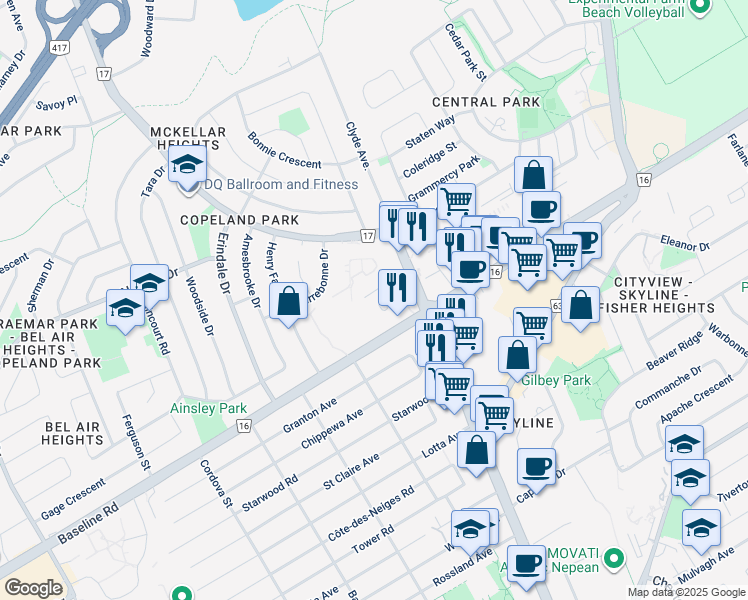 map of restaurants, bars, coffee shops, grocery stores, and more near in Ottawa