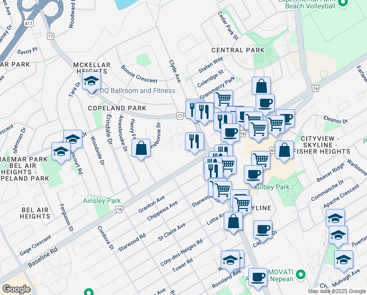 map of restaurants, bars, coffee shops, grocery stores, and more near 1485 Baseline Road in Ottawa